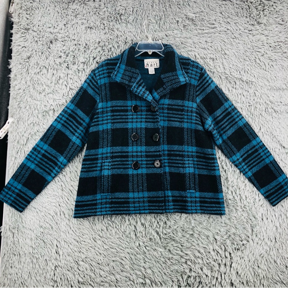 Keren Hart Peacoat Womens XL Wool Plaid Blue Black Pockets Pea Coat